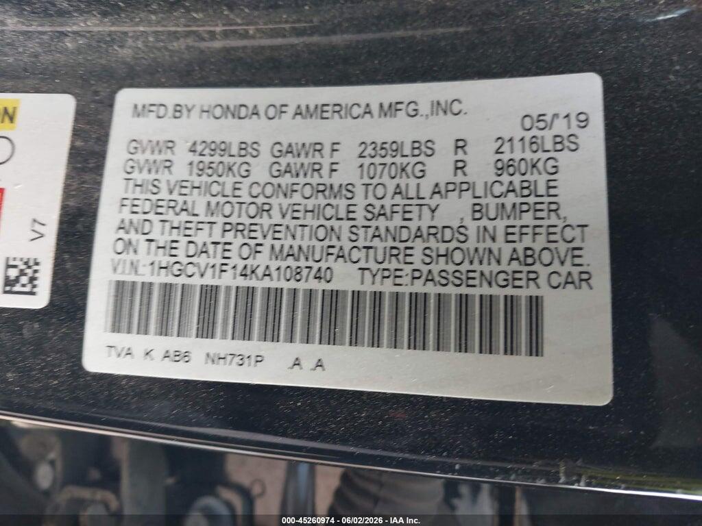 1HGCV1F14KA108740 2019 HONDA ACCORD photo no. 9