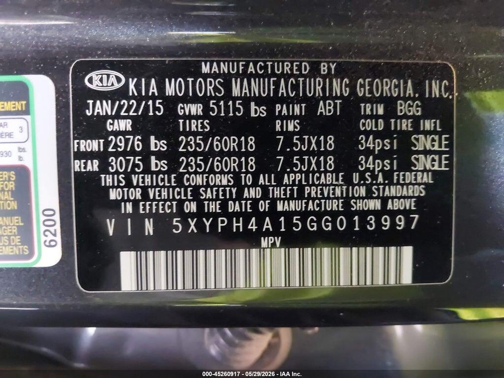 5XYPH4A15GG013997 2016 KIA SORENTO photo no. 9