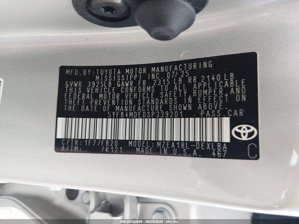 5YFB4MDE0SP339201 2025 TOYOTA COROLLA photo no. 9