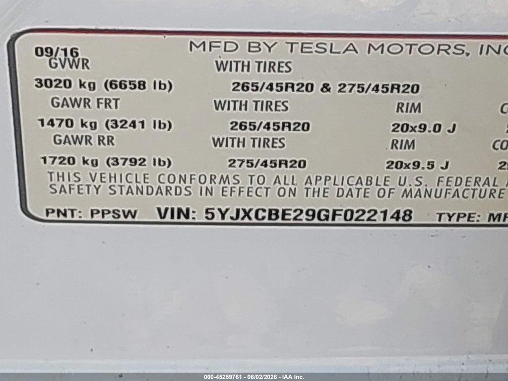 5YJXCBE29GF022148 2016 TESLA MODEL X photo no. 9