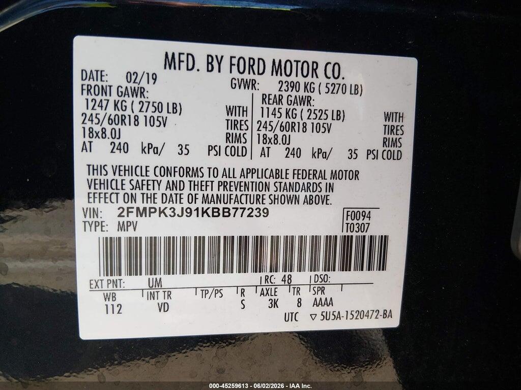 2FMPK3J91KBB77239 2019 FORD EDGE photo no. 9