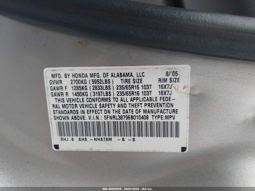 5FNRL38796B010408 2006 HONDA ODYSSEY photo no. 9