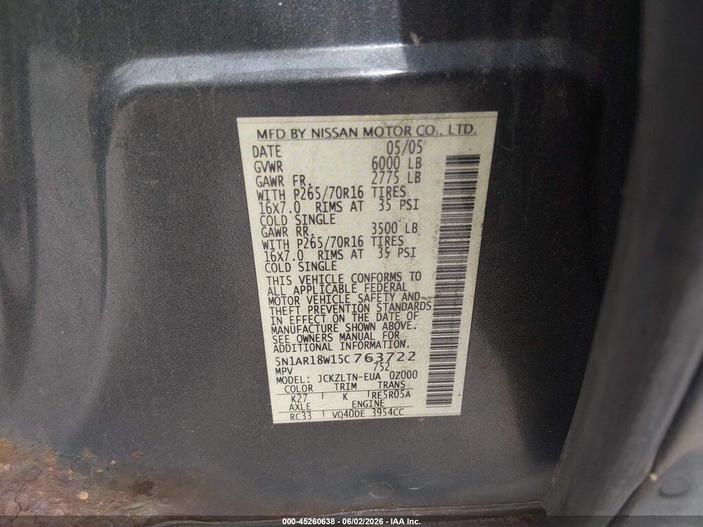 5N1AR18W15C763722 2005 NISSAN PATHFINDER photo no. 9