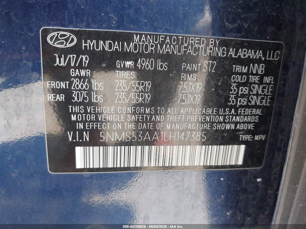 5NMS53AA1LH147385 2020 HYUNDAI SANTA FE photo no. 9