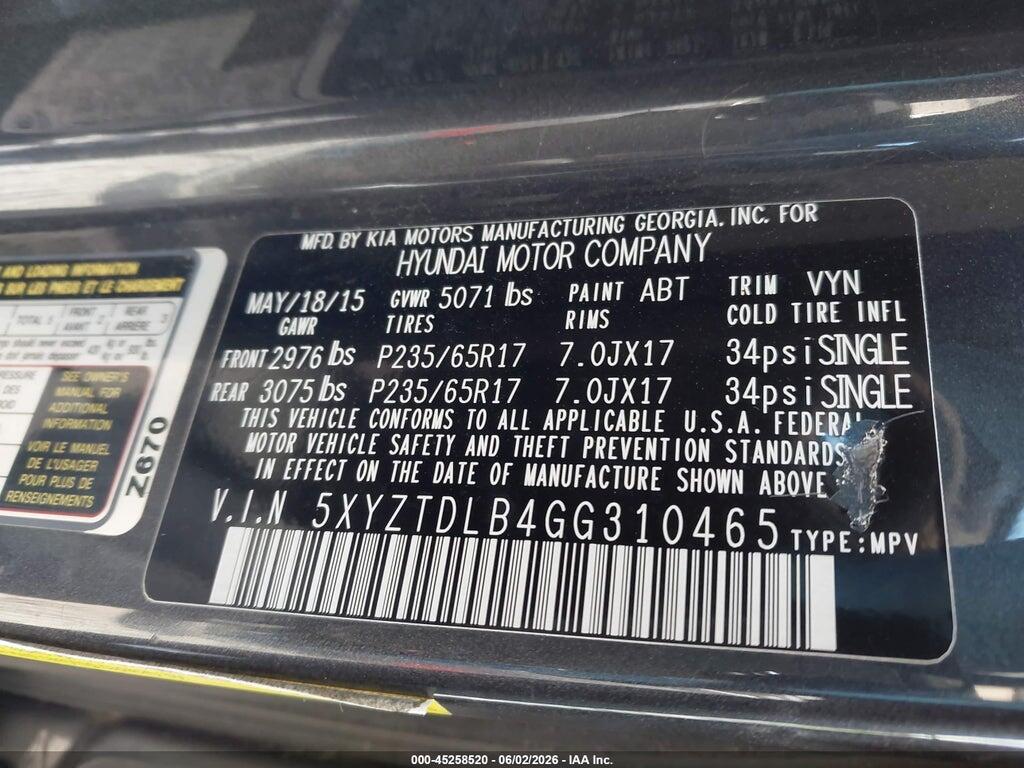 5XYZTDLB4GG310465 2016 HYUNDAI SANTA FE SPORT photo no. 9