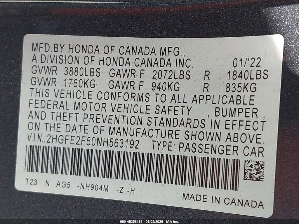 2HGFE2F50NH563192 2022 HONDA CIVIC photo no. 9