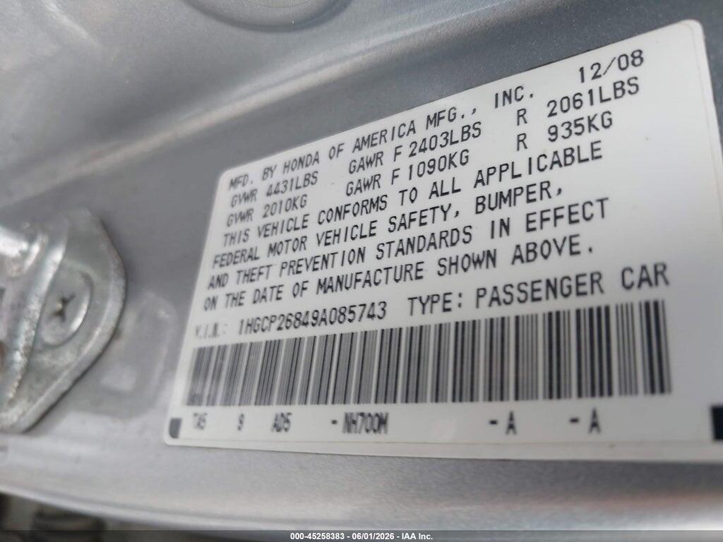 1HGCP26849A085743 2009 HONDA ACCORD photo no. 9