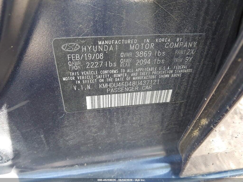 KMHDU46D48U437121 2008 HYUNDAI ELANTRA photo no. 9