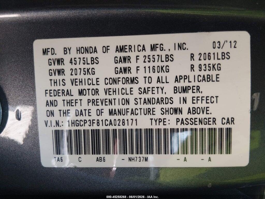 1HGCP3F81CA028171 2012 HONDA ACCORD photo no. 9