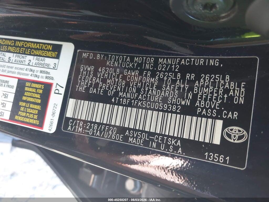 4T1BF1FK5CU059382 2012 TOYOTA CAMRY photo no. 9