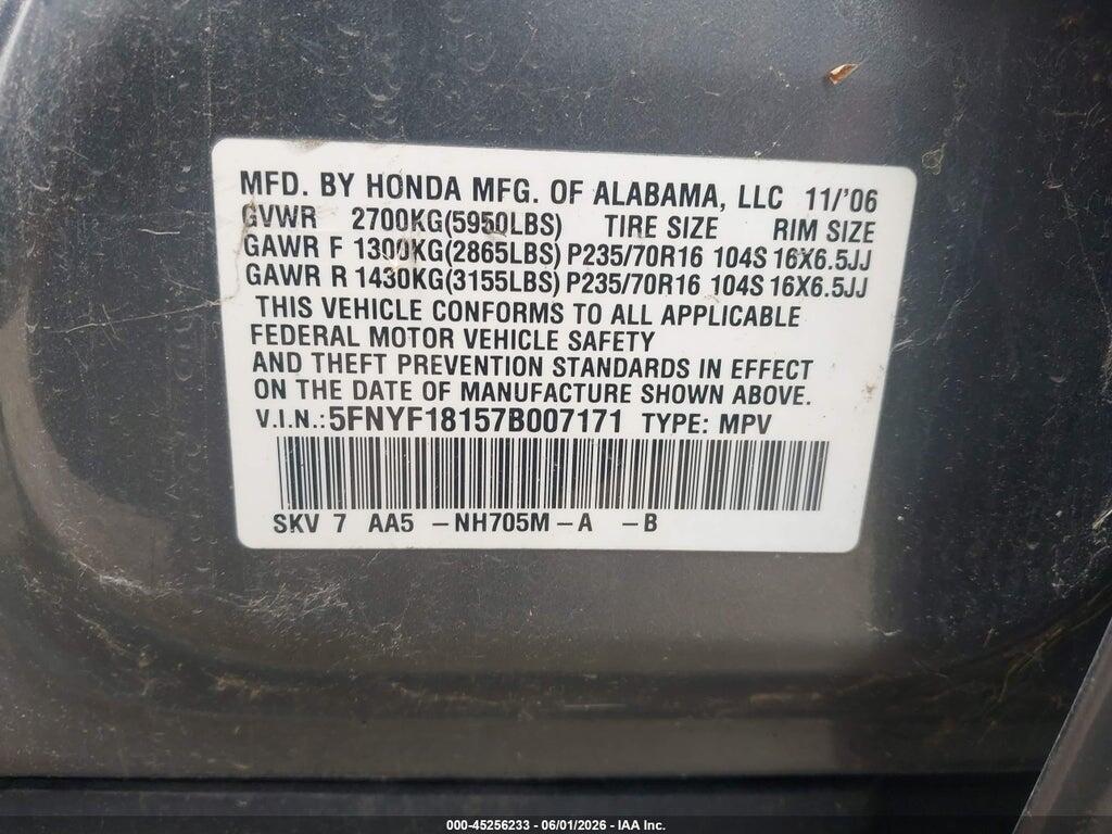 5FNYF18157B007171 2007 HONDA PILOT photo no. 9