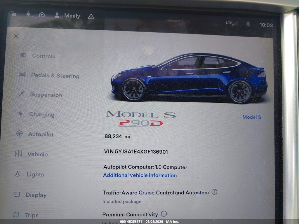 5YJSA1E4XGF136901 2016 TESLA MODEL S photo no. 7
