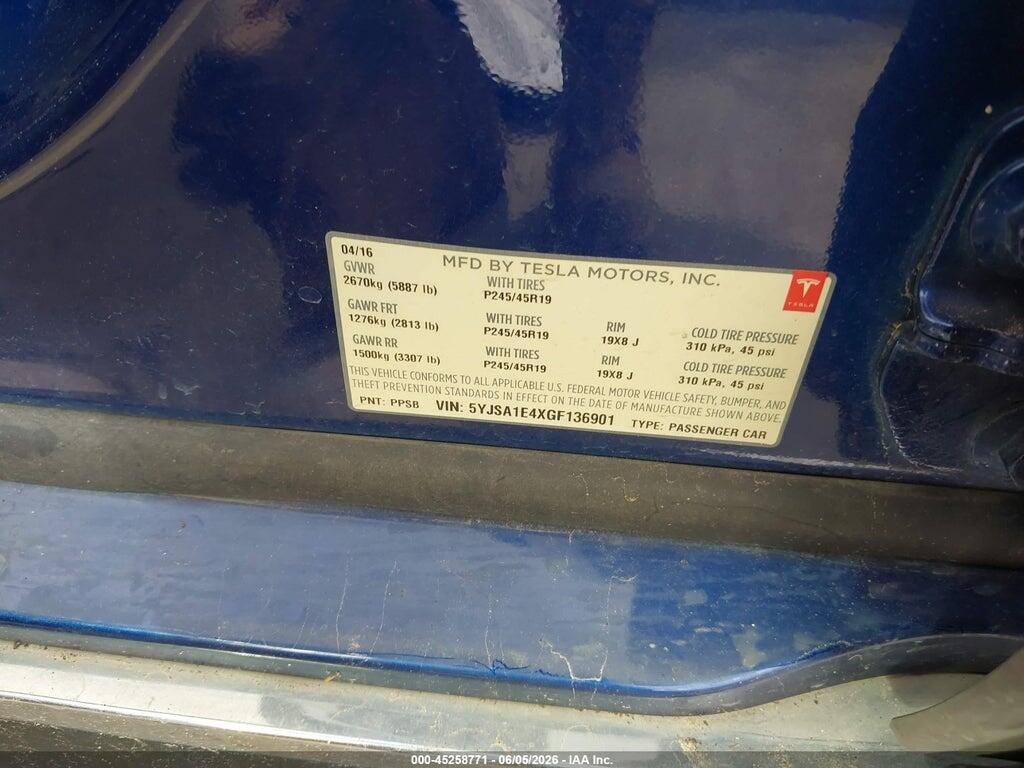 5YJSA1E4XGF136901 2016 TESLA MODEL S photo no. 9