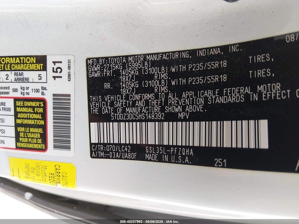 5TDDZ3DC5HS148392 2017 TOYOTA SIENNA photo no. 9