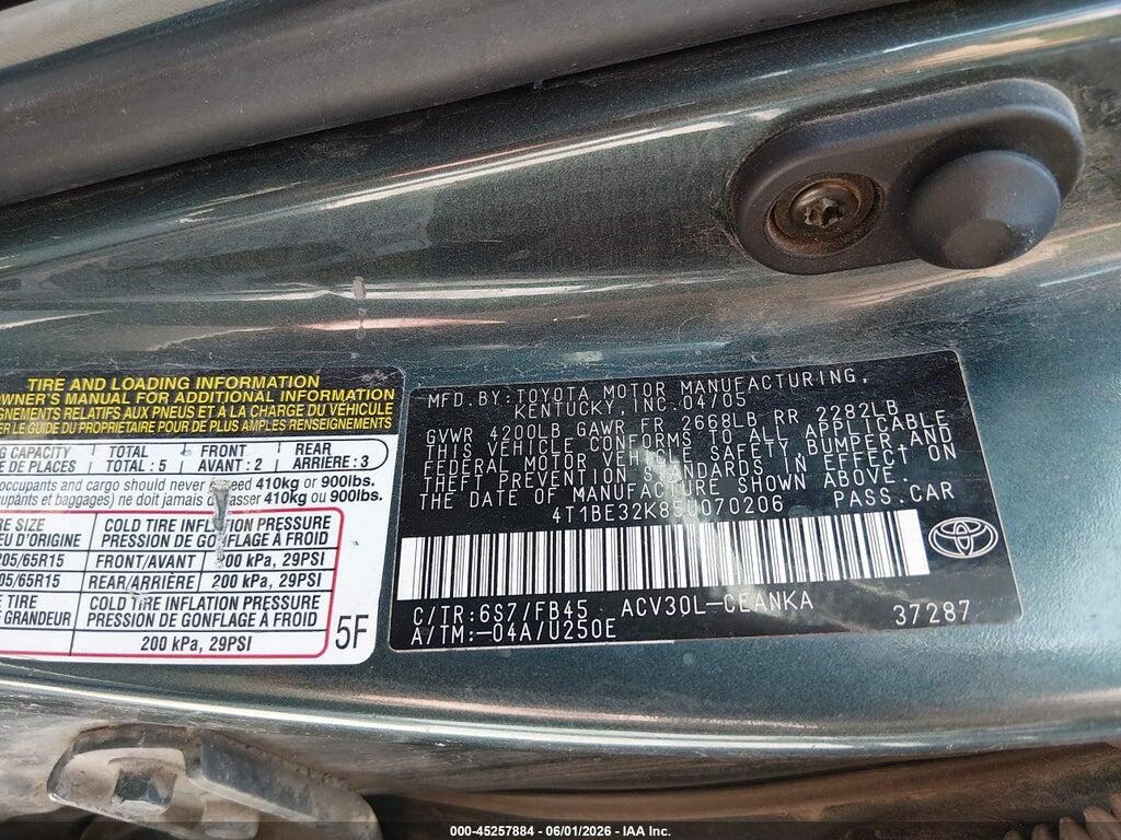4T1BE32K85U070206 2005 TOYOTA CAMRY photo no. 9