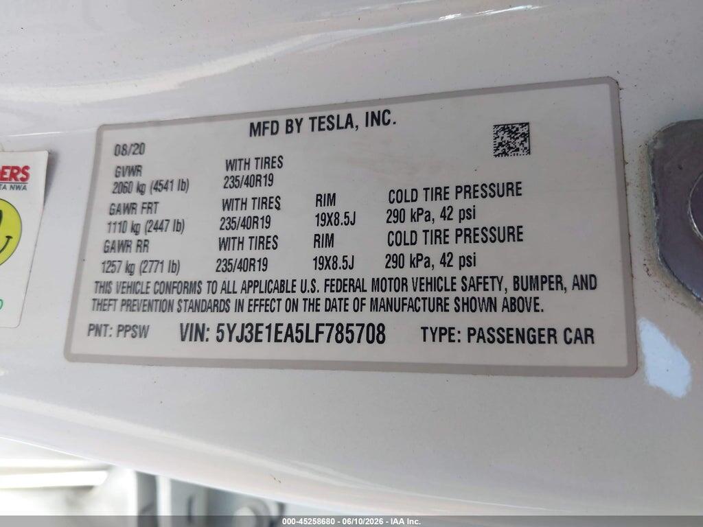 5YJ3E1EA5LF785708 2020 TESLA MODEL 3 photo no. 9