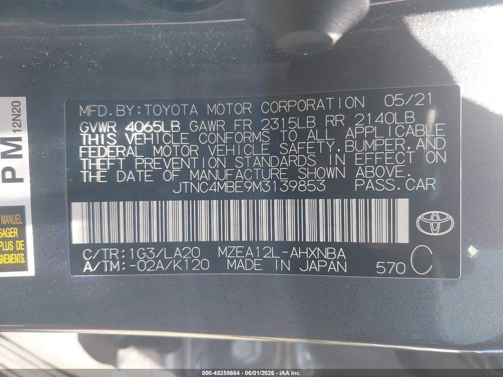 JTNC4MBE9M3139853 2021 TOYOTA COROLLA photo no. 9