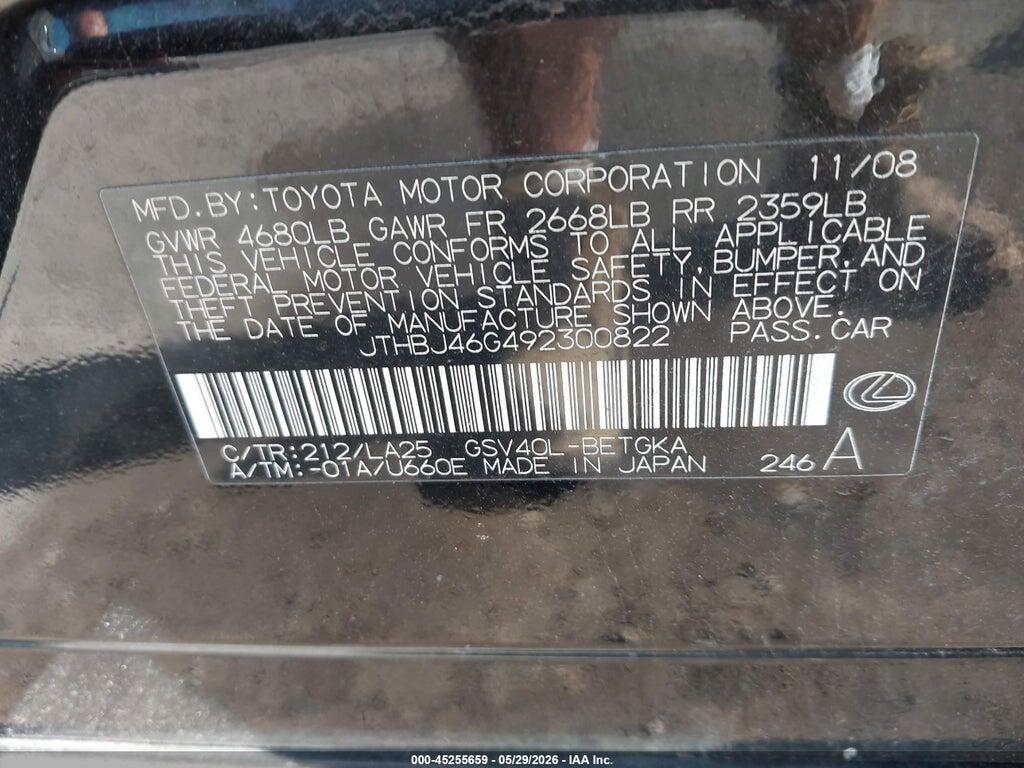 JTHBJ46G492300822 2009 LEXUS ES 350 photo no. 9