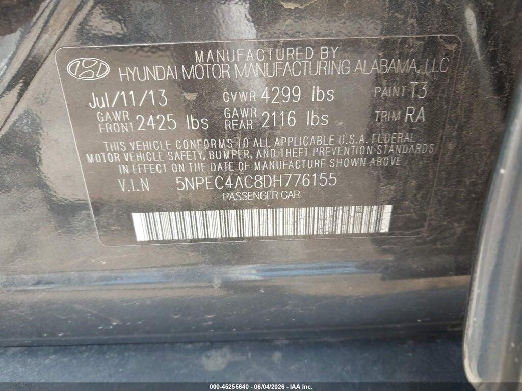 5NPEC4AC8DH776155 2013 HYUNDAI SONATA photo no. 9