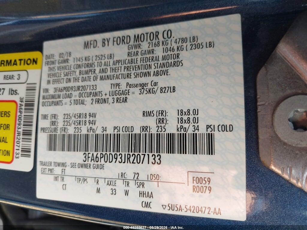 3FA6P0D93JR207133 2018 FORD FUSION photo no. 9