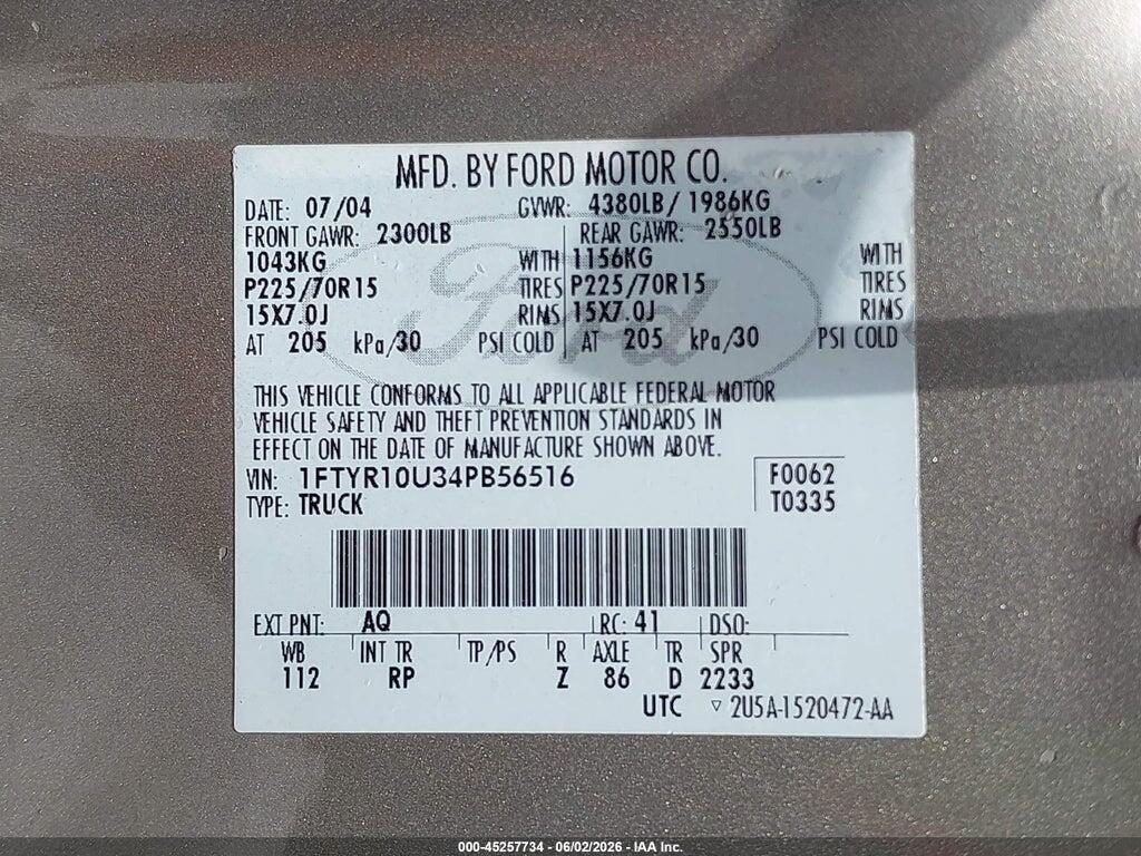 1FTYR10U34PB56516 2004 FORD RANGER photo no. 9