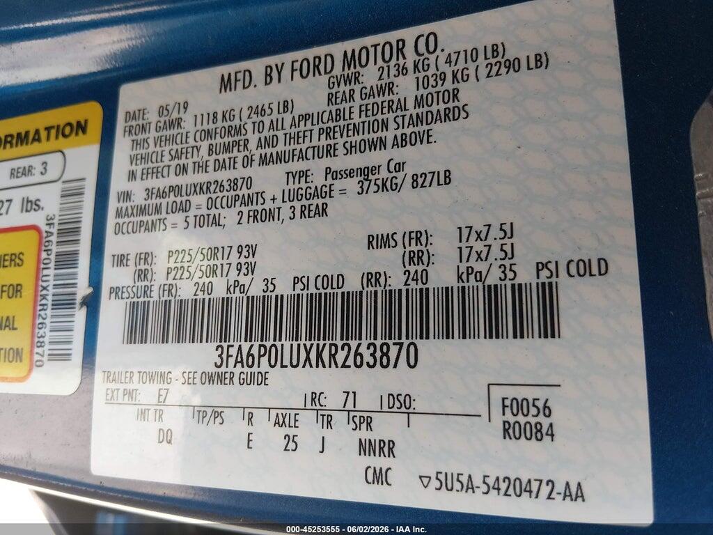 3FA6P0LUXKR263870 2019 FORD FUSION HYBRID photo no. 9