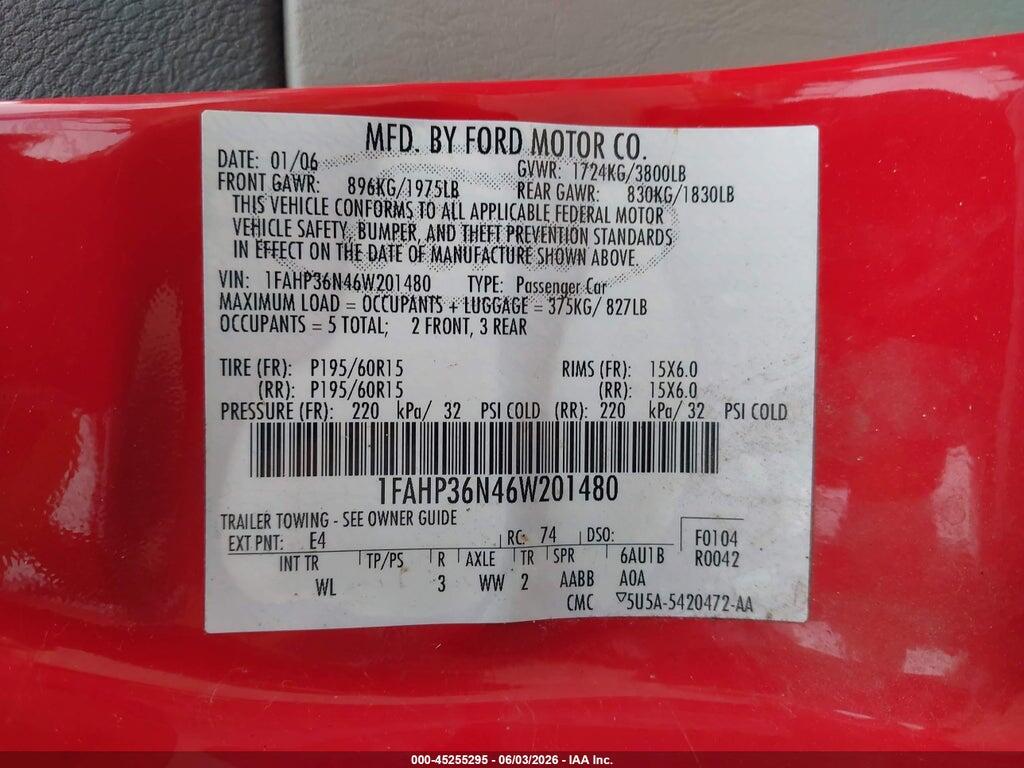 1FAHP36N46W201480 2006 FORD FOCUS photo no. 9