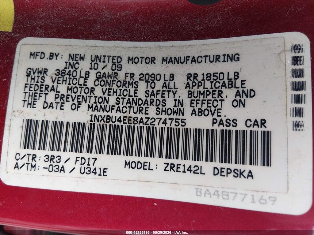 1NXBU4EE8AZ274755 2010 TOYOTA COROLLA photo no. 9
