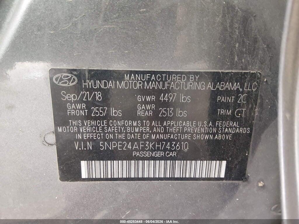 5NPE24AF3KH743610 2019 HYUNDAI SONATA photo no. 9