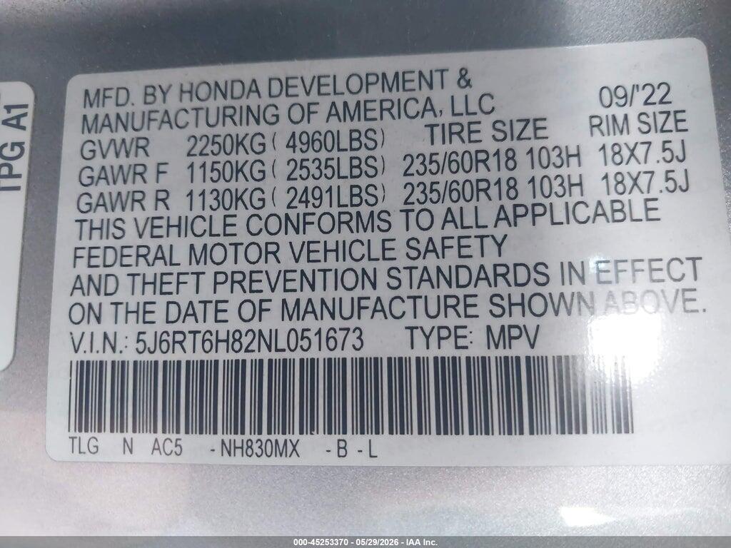 5J6RT6H82NL051673 2022 HONDA CR-V HYBRID photo no. 9
