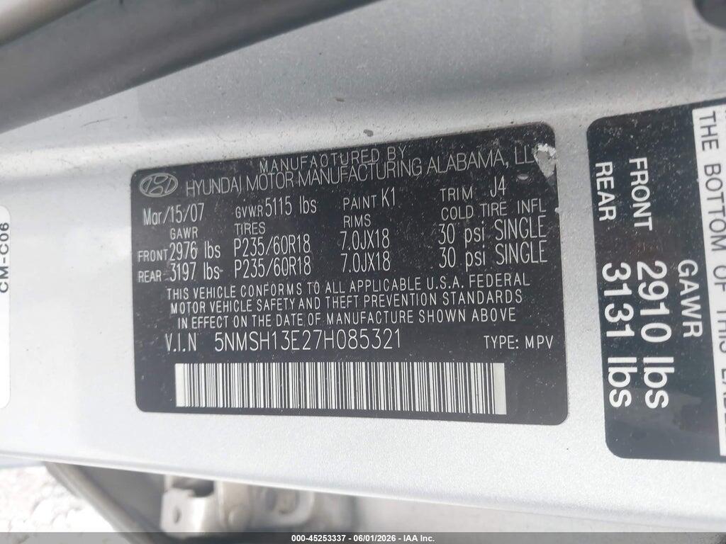5NMSH13E27H085321 2007 HYUNDAI SANTA FE photo no. 9