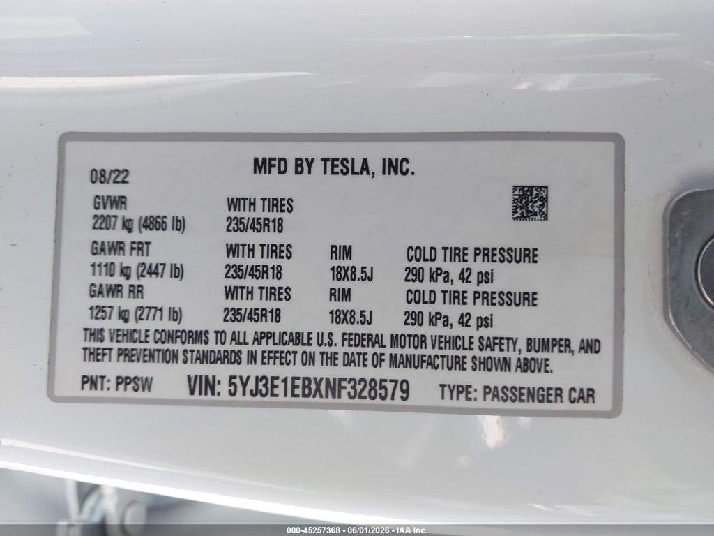 5YJ3E1EBXNF328579 2022 TESLA MODEL 3 photo no. 9