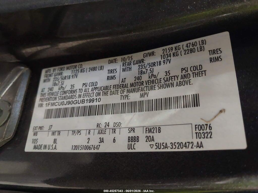 1FMCU0J90GUB19910 2016 FORD ESCAPE photo no. 9