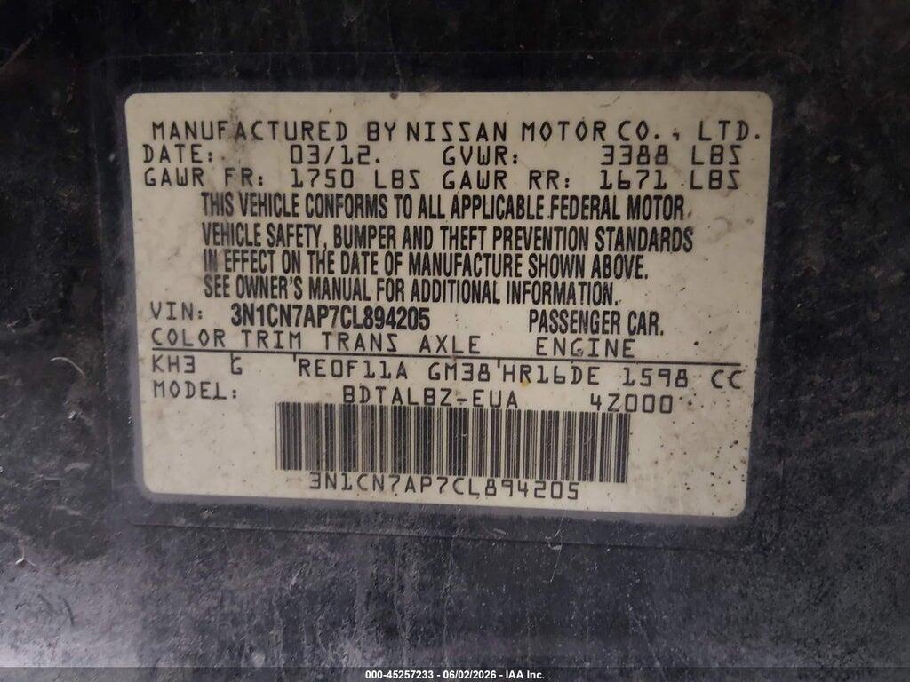 3N1CN7AP7CL894205 2012 NISSAN VERSA photo no. 9