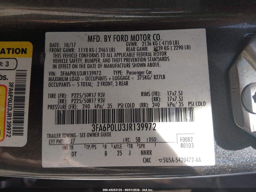 3FA6P0LU3JR139972 2018 FORD FUSION HYBRID photo no. 9