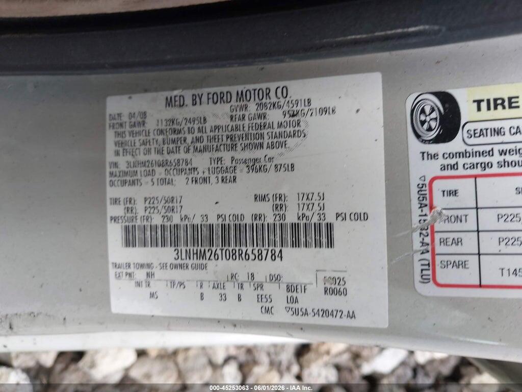 3LNHM26T08R658784 2008 LINCOLN MKZ photo no. 9