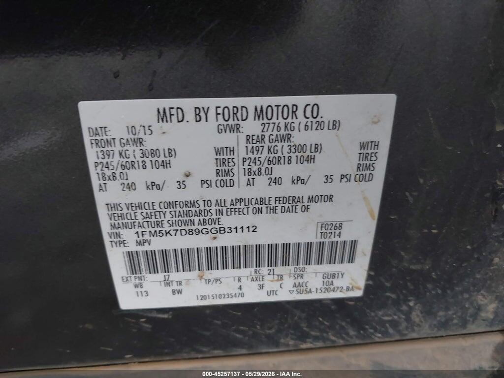 1FM5K7D89GGB31112 2016 FORD EXPLORER photo no. 9