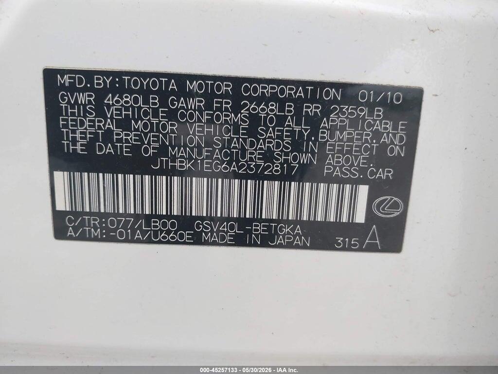 JTHBK1EG6A2372817 2010 LEXUS ES 350 photo no. 9