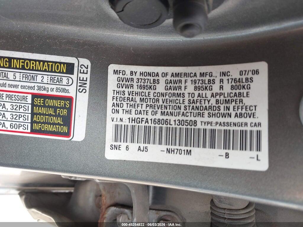 1HGFA16806L130508 2006 HONDA CIVIC photo no. 9
