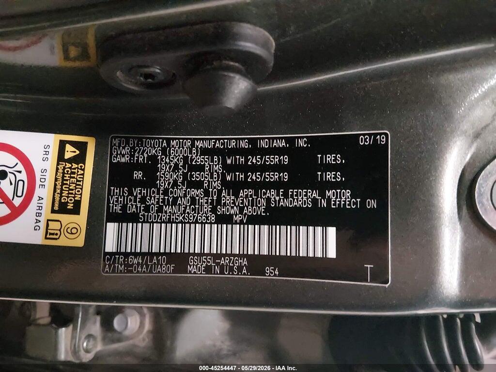 5TDDZRFH5KS976638 2019 TOYOTA HIGHLANDER photo no. 9