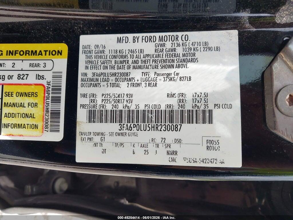3FA6P0LU5HR230087 2017 FORD FUSION HYBRID photo no. 9