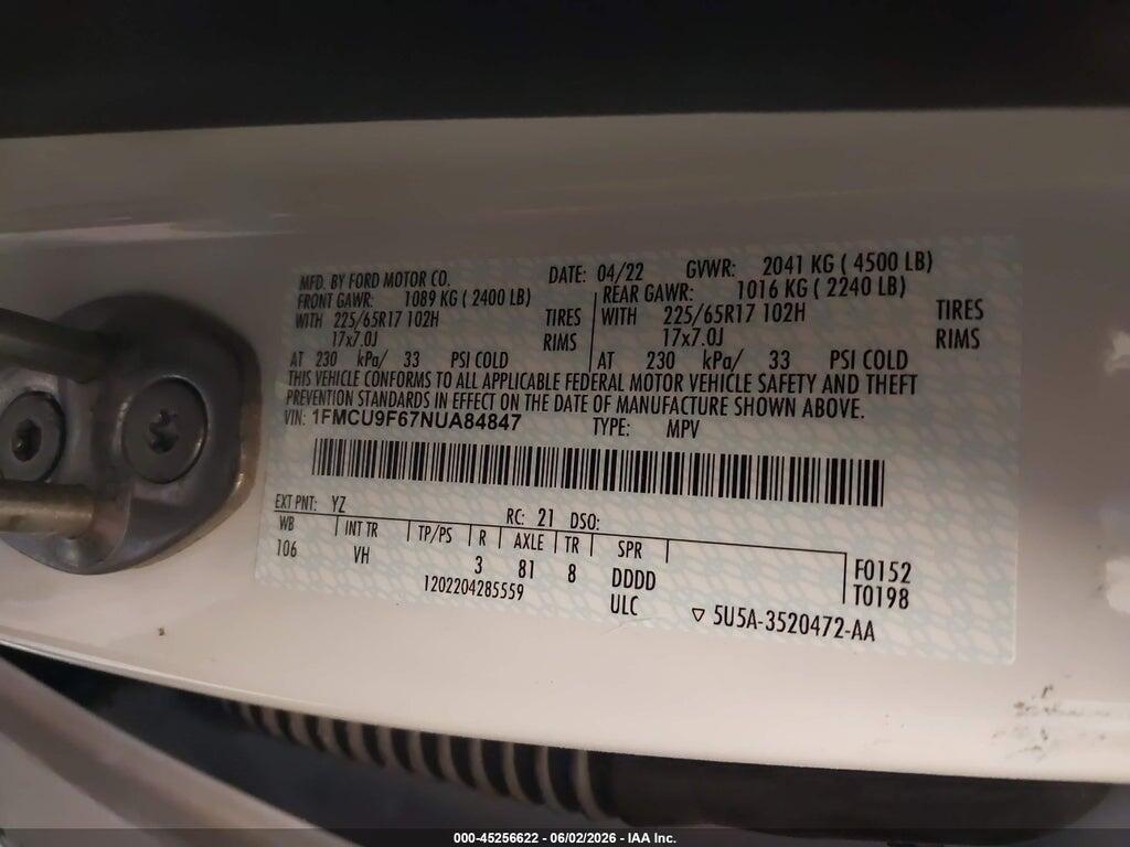 1FMCU9F67NUA84847 2022 FORD ESCAPE photo no. 9