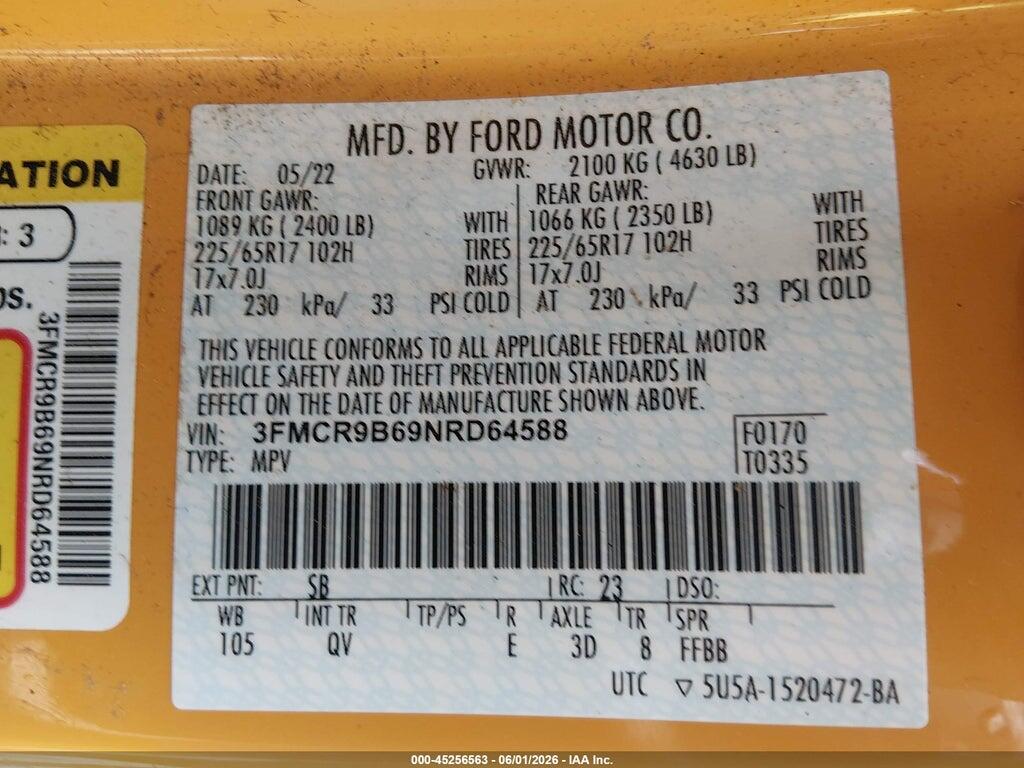 3FMCR9B69NRD64588 2022 FORD BRONCO SPORT photo no. 9