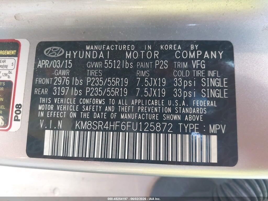 KM8SR4HF6FU125872 2015 HYUNDAI SANTA FE photo no. 9