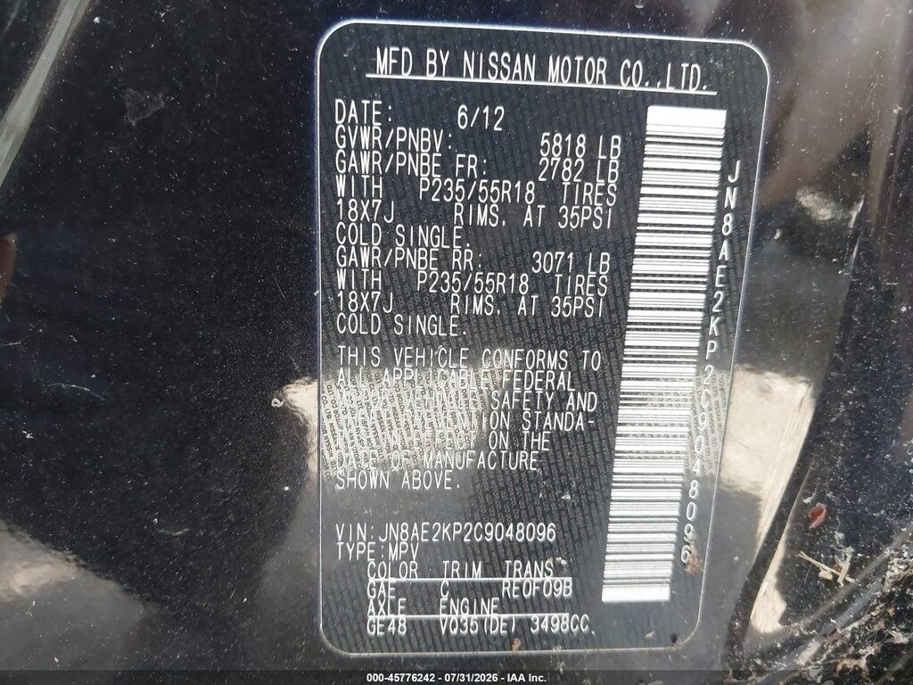 JN8AE2KP2C9048096 2012 NISSAN QUEST photo no. 9