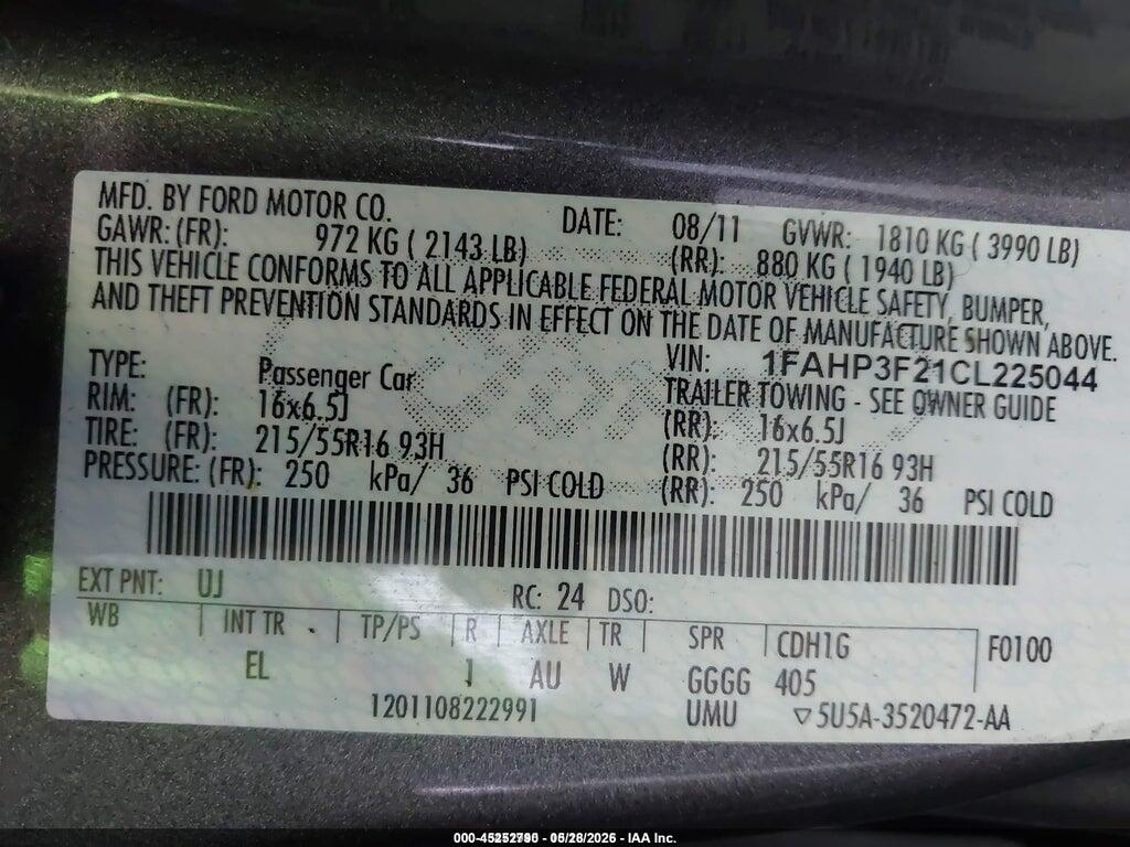 1FAHP3F21CL225044 2012 FORD FOCUS photo no. 9