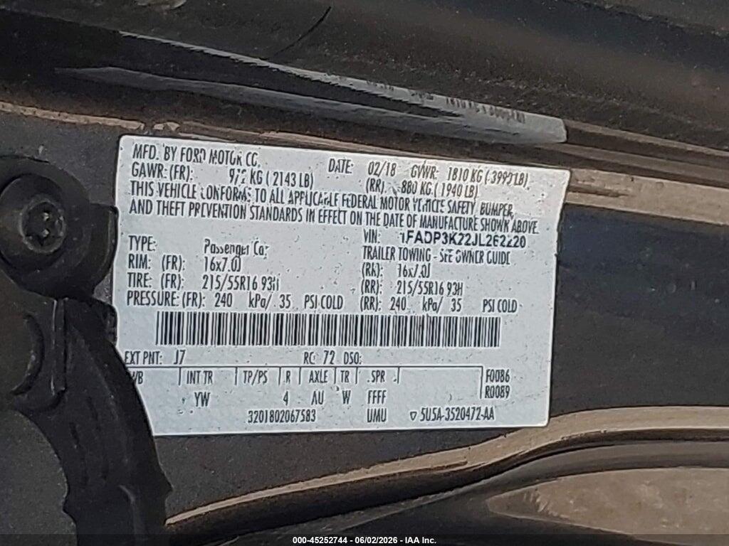 1FADP3K22JL262220 2018 FORD FOCUS photo no. 9