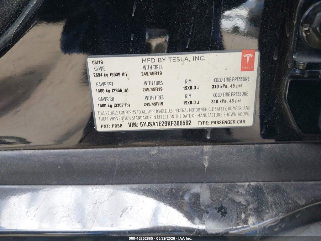 5YJSA1E29KF306592 2019 TESLA MODEL S photo no. 9