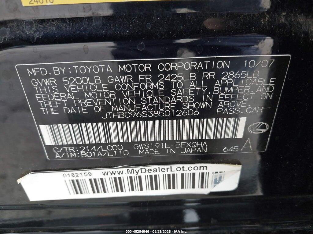 JTHBC96S385012606 2008 LEXUS GS 450H photo no. 9