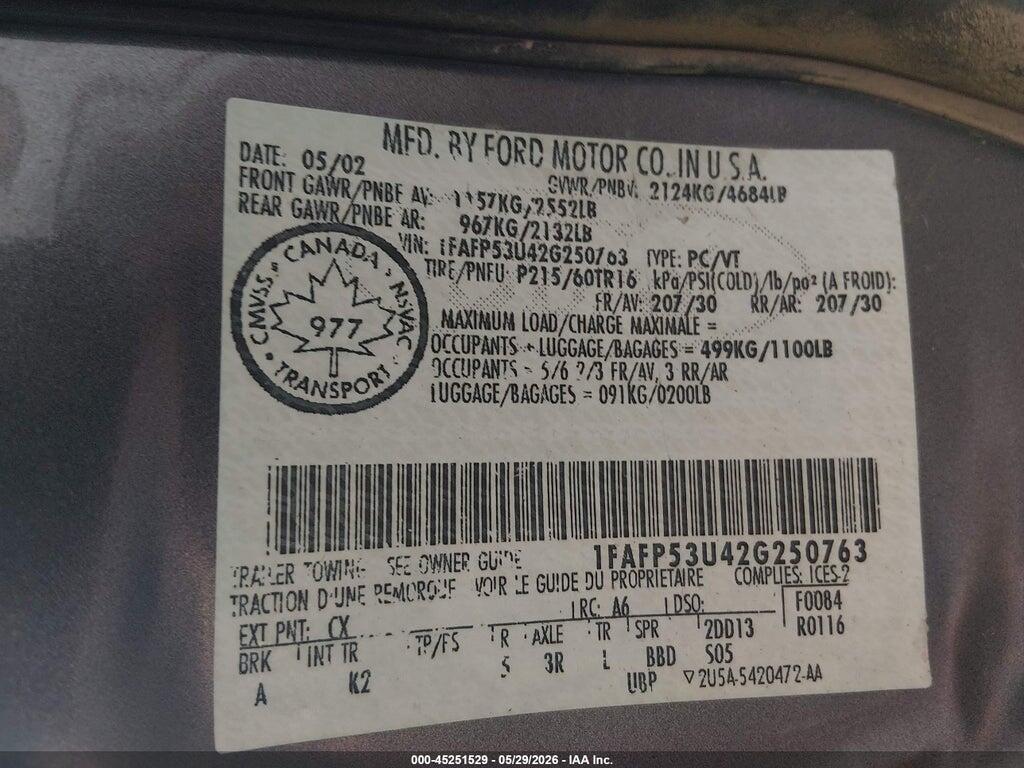 1FAFP53U42G250763 2002 FORD TAURUS photo no. 9